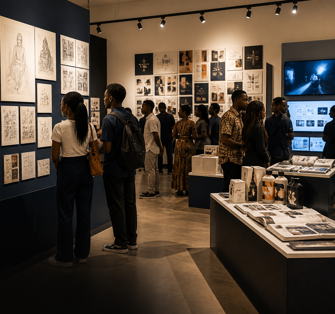 Visitors viewing a large university design exhibition